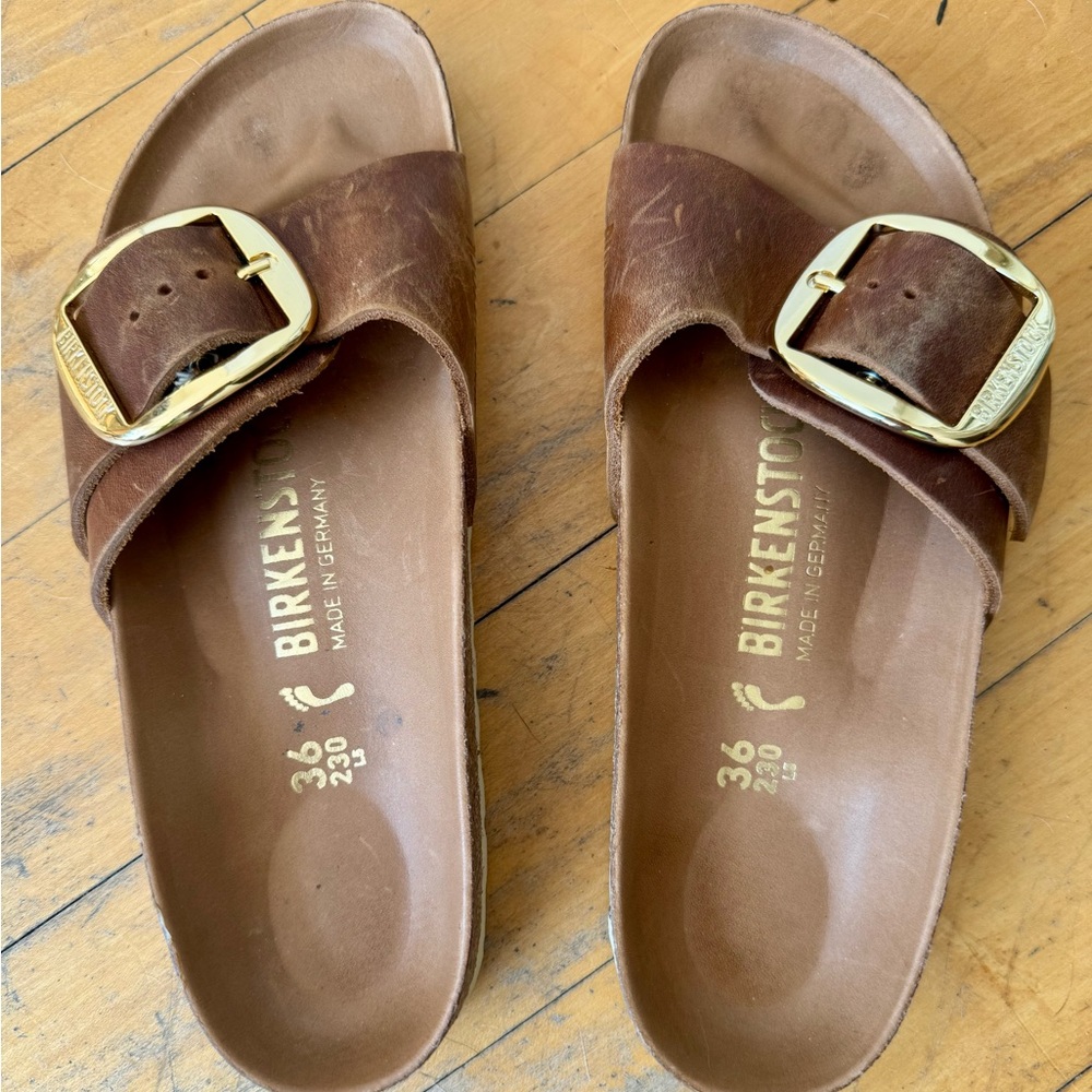 Birkenstock Leather Sliders with Gold Buckle